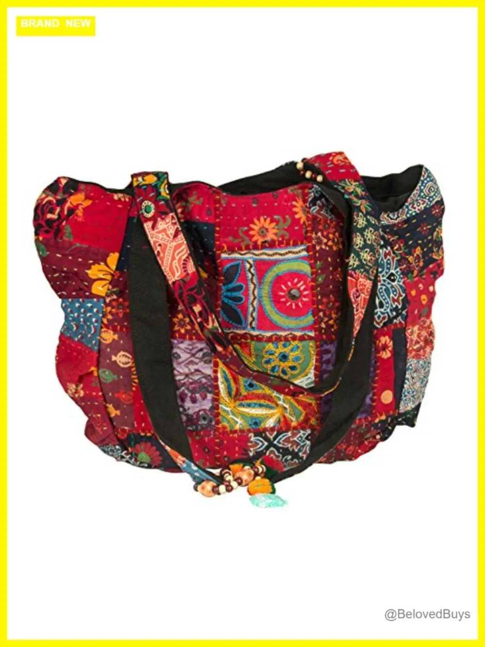 Large Handmade Patchwork Tote Shoulder Bag with Embroidery Tassels